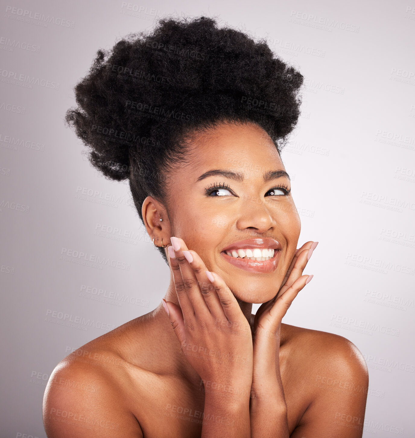 Buy stock photo Skincare, beauty and happy black woman with confidence, white background and cosmetics product. Health, dermatology and natural makeup, smiling African model in studio for healthy skin and wellness.