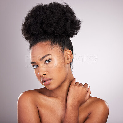Buy stock photo Beauty, makeup and portrait black woman with confidence, white background and cosmetics. Health, dermatology and natural skincare and African model in studio for healthy skin care and wellness.