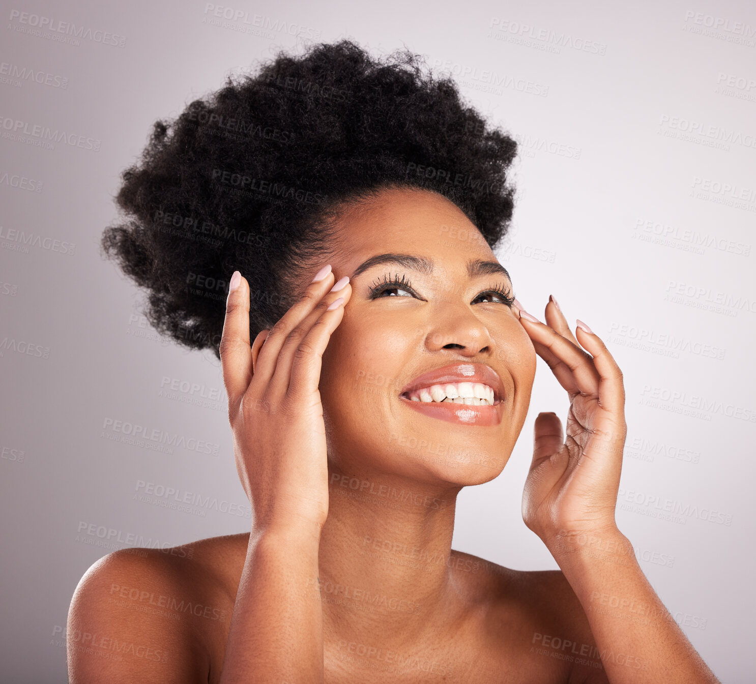 Buy stock photo Skincare, woman smile and happy face with beauty, dermatology and facial treatment. Spa, wellness and skin glow aesthetic with a studio background with young female, cosmetics and manicure nails