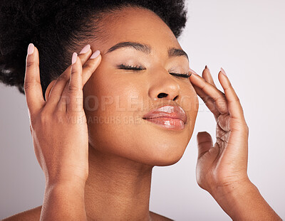 Buy stock photo Skincare, woman and face massage closeup of beauty, dermatology and facial treatment. Spa, wellness and skin glow aesthetic with a studio background with young female, cosmetics and manicure nails