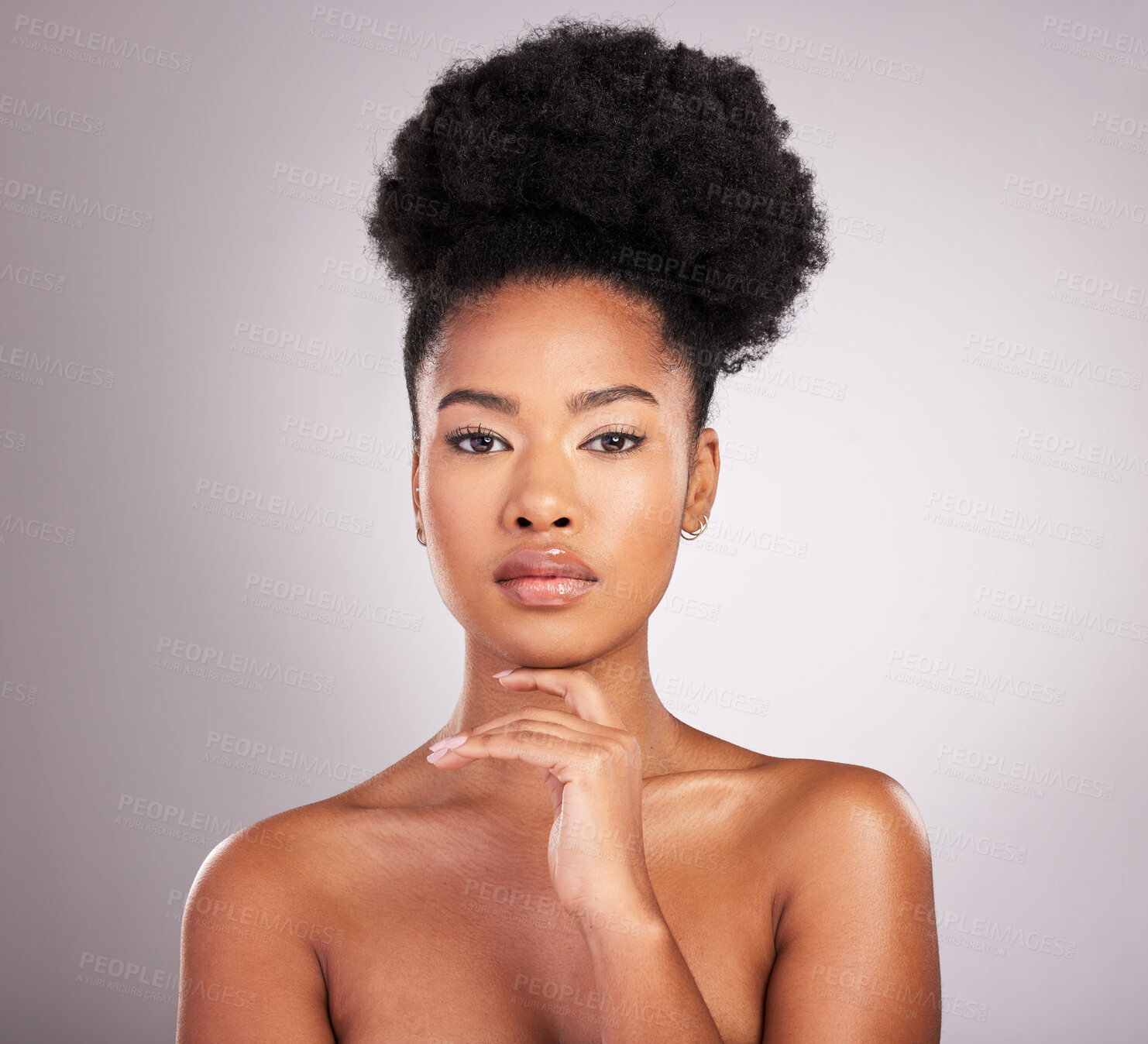 Buy stock photo Skincare, beauty and face, portrait black woman with confidence, white background and salon cosmetics. Health, dermatology and natural makeup, African model in studio for healthy skin and wellness.