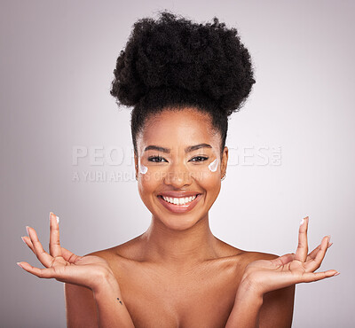 Buy stock photo Black woman, moisturizer cream and smile for skincare beauty or cosmetics against a gray studio background. Portrait of happy African female smiling with moisturizing creme, lotion or facial product