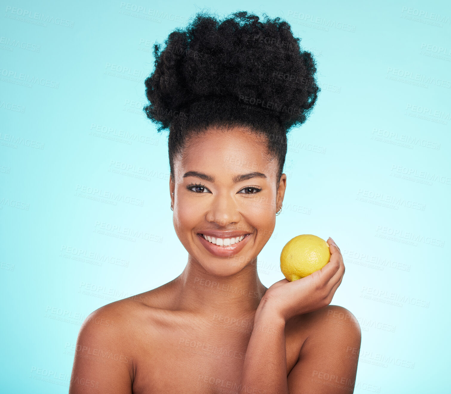 Buy stock photo Lemon beauty, portrait and happy black woman in studio, blue background and vegan wellness. Happy model, citrus fruits and smile for facial cosmetics, vitamin c skincare and natural detox dermatology