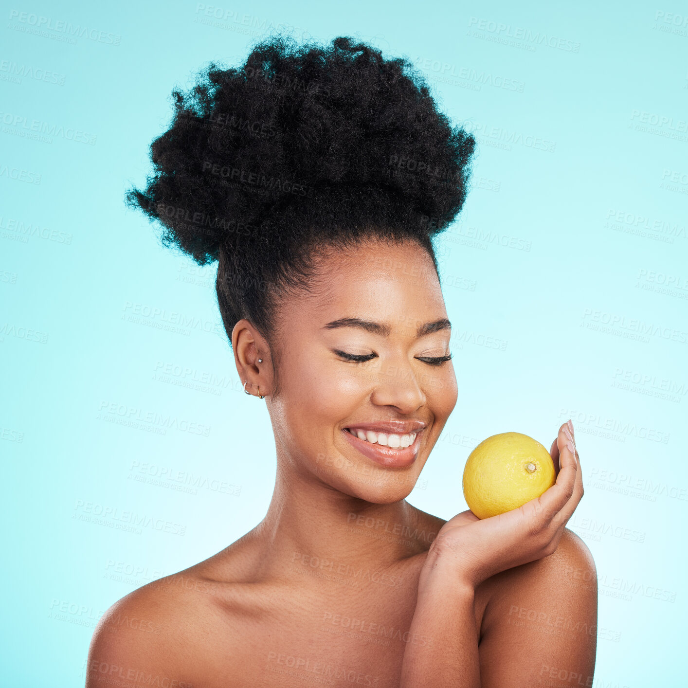 Buy stock photo Lemon, skincare happiness and woman with beauty, wellness and detox healthcare. Isolated, blue background and studio with a young female feeling happy from healthy food with vitamin c for glow