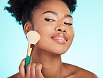 Makeup, brush and face of black woman for beauty, cosmetics and facial treatment on blue background. Salon, cosmetology and happy girl with brushes for foundation, skincare and application in studio