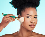 Makeup, brush and portrait of black woman for beauty, cosmetics and glamour on blue background. Salon, cosmetology and face of girl with brushes for foundation, skincare and application in studio