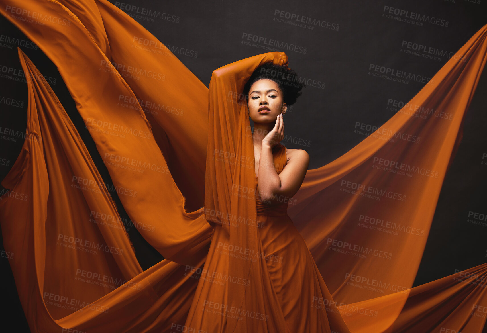 Buy stock photo Black woman, art and fashion, flowing fabric on dark background with beauty and aesthetic movement. Silk, fantasy and artistic portrait of serious African model in creative designer dress in studio.