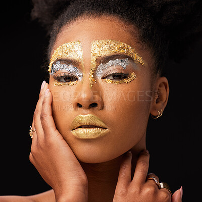 Beauty, gold and makeup with portrait of black woman in studio for luxury, cosmetics or African pride. Natural, creative and goddess with female model on black background for queen, bronze or glamour