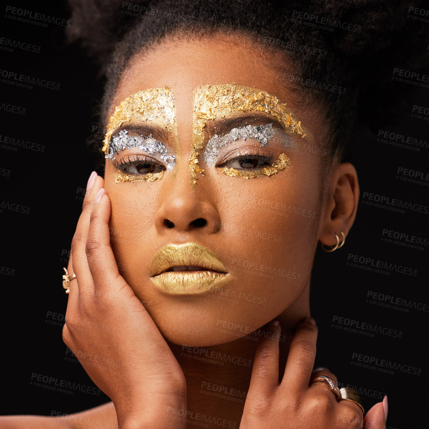 Buy stock photo Beauty, gold and makeup with portrait of black woman in studio for luxury, cosmetics or African pride. Natural, creative and goddess with female model on black background for queen, bronze or glamour