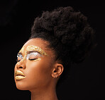 Beauty, gold and glow with black woman and makeup in studio for luxury, cosmetics or African pride. Natural, creative and goddess with female model on background for queen, bronze and glamour