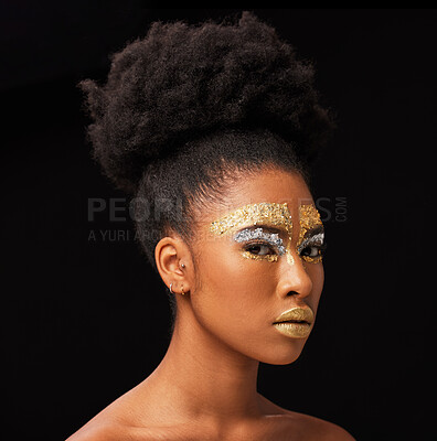 Beauty, gold and glamour with black woman and makeup in studio for luxury, cosmetics and African pride. Natural, creative and goddess with female model on background for queen, bronze and glitter