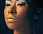 Beauty, gold and face with black woman and makeup in studio for luxury, cosmetics and African pride. Natural, creative and goddess with female model on background for queen, bronze and glamour