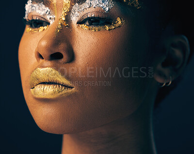 Buy stock photo Beauty, gold and face with black woman and makeup in studio for luxury, cosmetics and African pride. Natural, creative and goddess with female model on background for queen, bronze and glamour