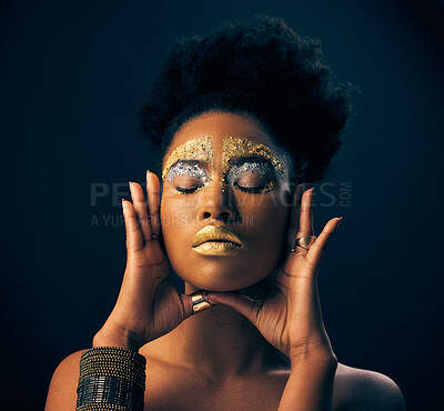 Buy stock photo Beauty, gold and metallic with black woman and makeup in studio for luxury, cosmetics and African pride. Natural, creative and goddess with female model on background for queen, bronze or glamour art