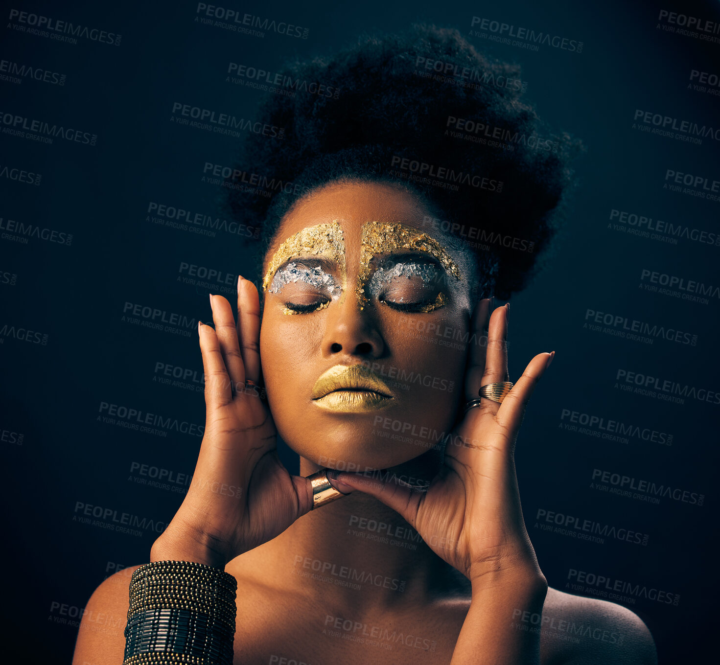 Buy stock photo Beauty, gold and metallic with black woman and makeup in studio for luxury, cosmetics and African pride. Natural, creative and goddess with female model on background for queen, bronze or glamour art