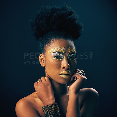 Gold, glitter and style with black woman and makeup in studio for luxury, cosmetics and African pride. Natural, creative and goddess with female model on background for queen, bronze and glamour