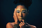 Makeup, gold and fantasy with portrait of black woman in studio for luxury, cosmetics or African pride. Natural, creative and goddess with female model on background for queen, bronze or glamour