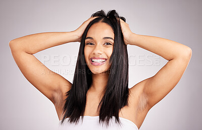 Buy stock photo Beauty, hair style and happy with portrait of woman in studio for shampoo, confidence and keratin treatment. Textures, salon and shine with model on white background for glow, self care and cosmetics