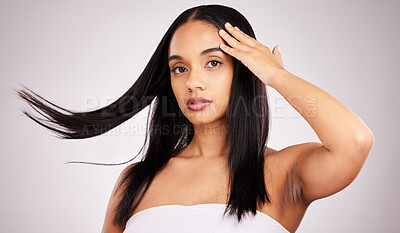 Buy stock photo Beauty, hair and portrait of woman in studio for keratin treatment, shampoo and self care. Salon, texture and natural with model isolated on white background for shine, satisfaction and results