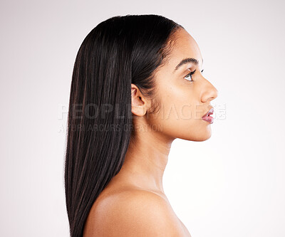 Buy stock photo Hair, profile and beauty of a woman in a isolated, white background and studio with salon treatment. Cosmetics, self care and young female model with healthy hairstyle texture and haircut growth