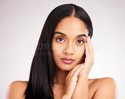 Buy stock photo Beauty, hairstyle and touch with portrait of woman in studio for keratin treatment, shampoo and glow. Salon, texture and natural with model on white background for shine, satisfaction and results 