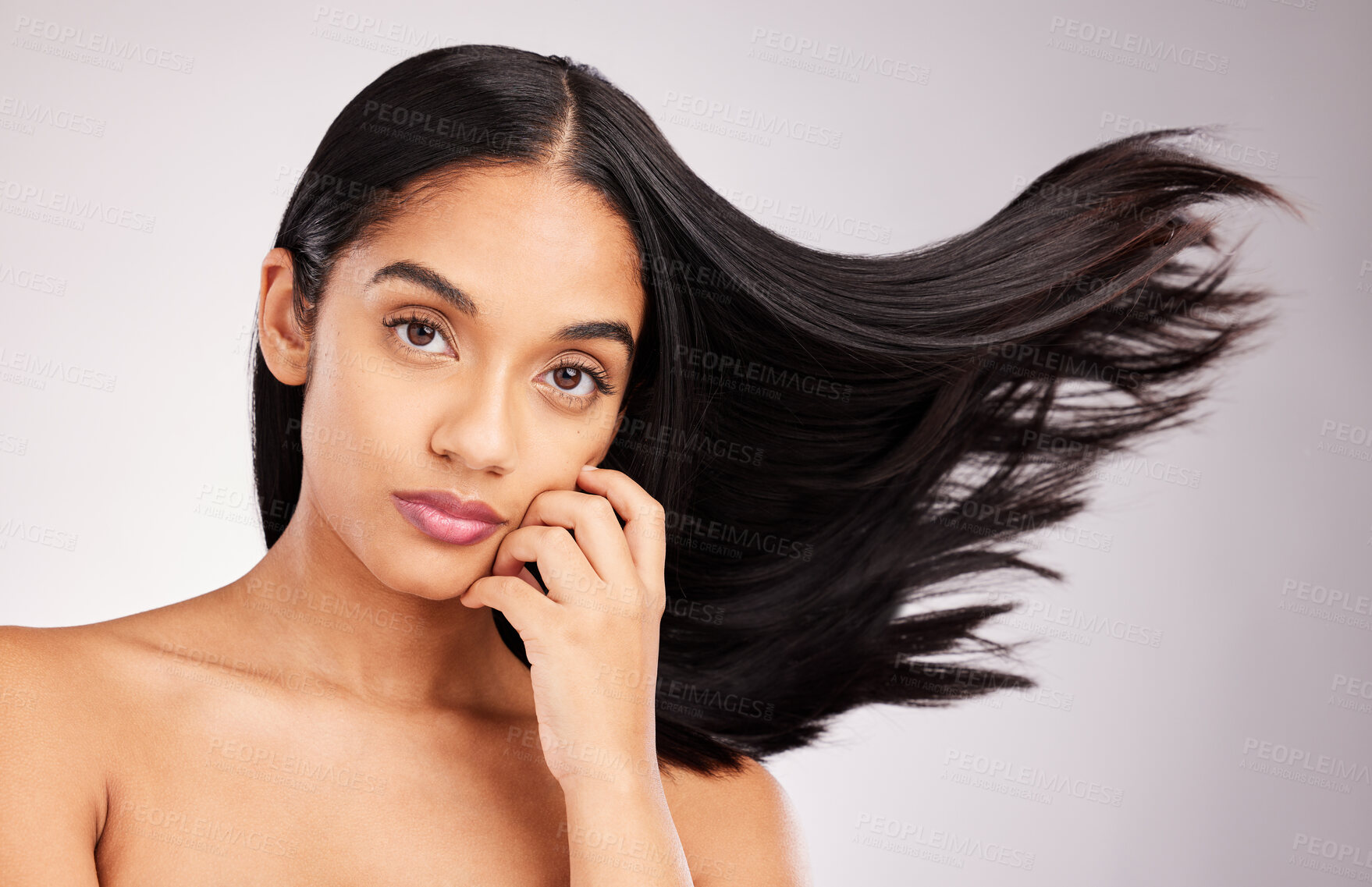 Buy stock photo Hair flip, portrait and beauty of a woman in a isolated, white background and studio with salon treatment. Cosmetics, self care glow and young female model with healthy hairstyle texture and haircut 