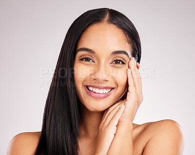 Buy stock photo Beauty, skincare and smile with portrait of woman in studio for spa treatment, cosmetics and self care. Facial, glow and natural with model on white background for happy, satisfaction and results 
