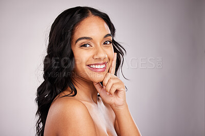 Buy stock photo Hair, happy woman and beauty with portrait, cosmetics and hairstyle on studio background. Wellness, shine and female smile, face and cosmetic care, keratin treatment and texture, volume and mockup