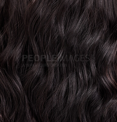 Buy stock photo Beauty, hair care and closeup of a woman with healthy, wellness and healthcare of a hairstyle texture. Salon, curls and wavy haircut textures of a female with dark color beautician treatment