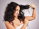 Woman, messy hair and disgust for entangled problem holding split ends against white studio background. Frustrated or confused female model in haircare touching curly mess, damaged or tangled hairdo
