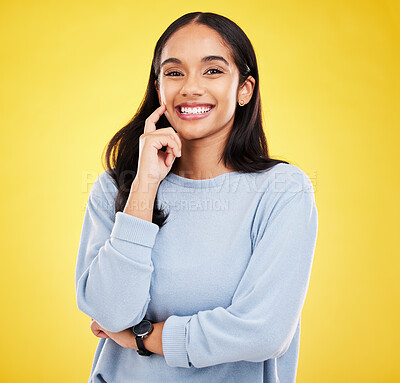 Buy stock photo Yellow background, thinking and portrait of woman with smile for advertising, promotion and mockup space. Ideas, thoughtful and isolated girl in studio with happy mindset, positive and confidence