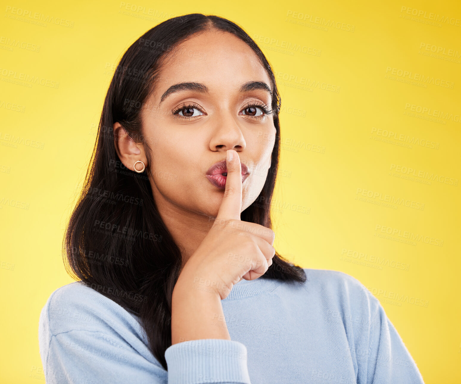 Buy stock photo Secret, portrait and woman with finger on lips in studio, yellow background and privacy sign. Face of female model, silence and shush for quiet, gossip and whisper emoji for confidential mystery news