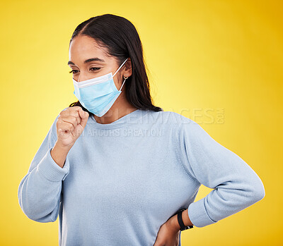 Buy stock photo Covid, cough and sick with woman in studio for medical, virus and breathing problems. Illness, pandemic and healthcare with female and face mask on yellow background for disease, infection and flu