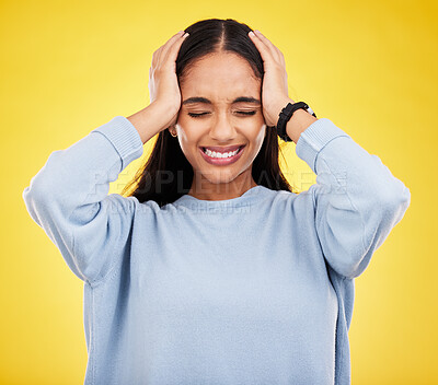 Buy stock photo Stress, frustrated and woman with headache, pain and depression on a studio background. Female, lady and anxiety with migraine, tension and strain with injury, emergency and mind fatigue on backdrop