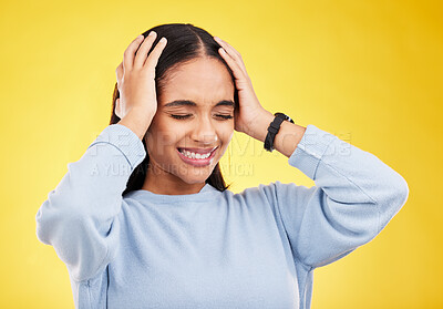 Buy stock photo Headache, stress and woman in a studio with brain fog, tension and frustrated from burnout. Anxiety, young female and wellness problem of a sick person with mental health issue and pain from migraine