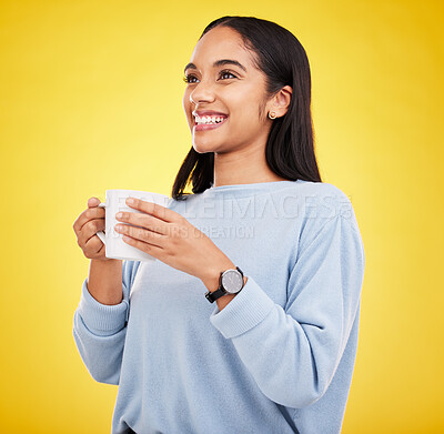 Buy stock photo Morning, coffee mug and happy woman in a studio with a smile from espresso. Isolated, yellow background and smile of a young female with happiness and joy ready to start the day with confidence