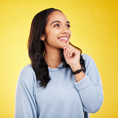 Buy stock photo Yellow background, thinking and face of woman with smile for advertising, promotion and mockup space. Ideas, thoughtful and isolated girl in studio with happy mindset, positive attitude and confident