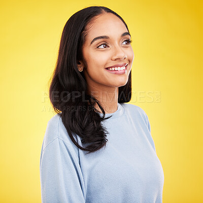 Buy stock photo Idea, woman and thinking for opportunity, smile and decisions on a studio background. Female, lady and creative with happiness, cheerful and joyful with thoughts, wonder and day dreaming with choices