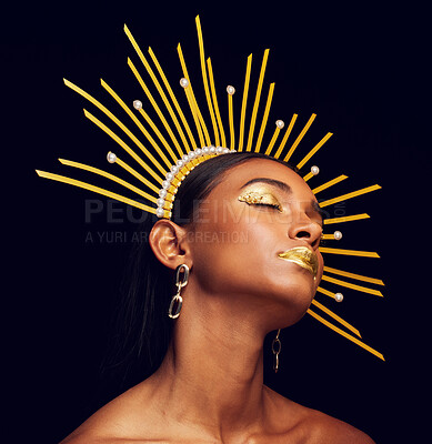 Buy stock photo Crown, gold makeup and a beauty queen isolated on a black background in a studio. Dreaming. ethereal and an Indian girl with cosmetics, accessories and jewelry for royalty on a dark backdrop