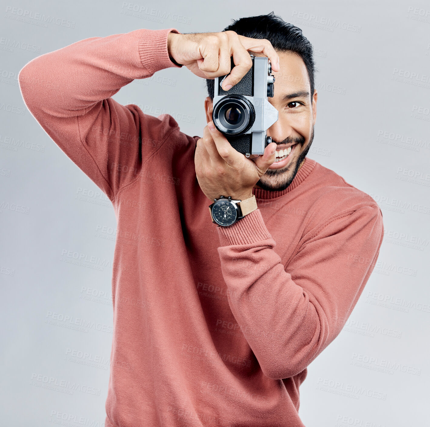 Buy stock photo Man with camera, photography in portrait with smile, taking picture with art and smile isolated on studio background. Photographer, happiness and creativity with vintage technology with creative male