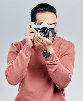Buy stock photo Man with camera, photography and artist, taking picture with art isolated on white background. Photographer, focus with lens and creativity with vintage technology and creative male in studio