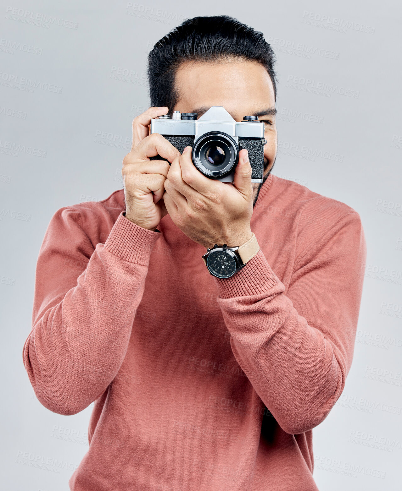 Buy stock photo Man with camera, photography and artist, taking picture with art isolated on white background. Photographer, focus with lens and creativity with vintage technology and creative male in studio