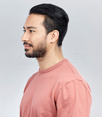 Buy stock photo Face profile, beauty and Asian man in studio isolated on a gray background or backdrop. Thinking, aesthetics idea and male model posing for healthy skin for skincare, health cosmetics and wellness.