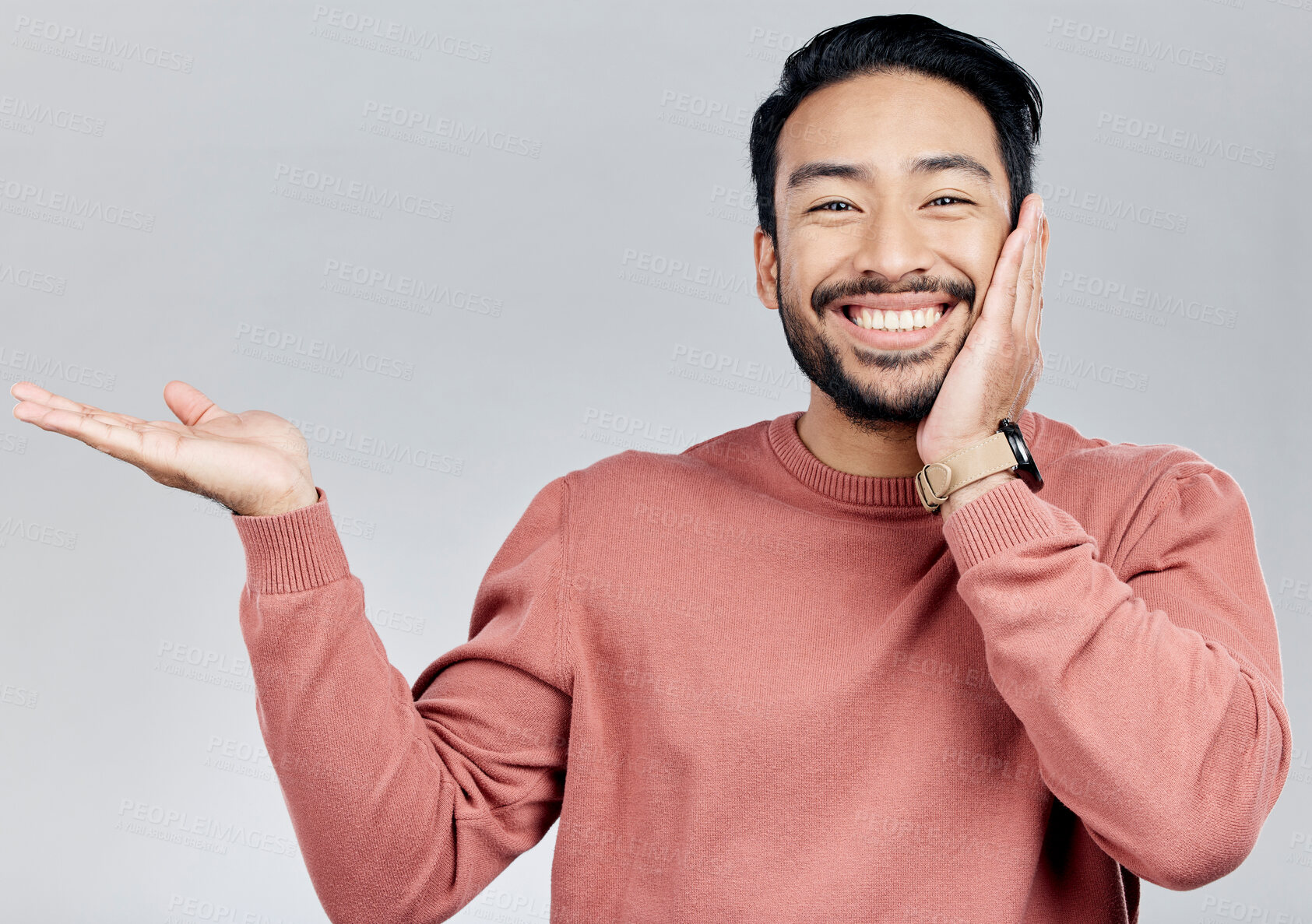 Buy stock photo Space, happy and a portrait of Asian man showing mockup isolated on a white background. Excited, promotion and guy gesturing for branding, advertising and marketing in studio with mock up backdrop