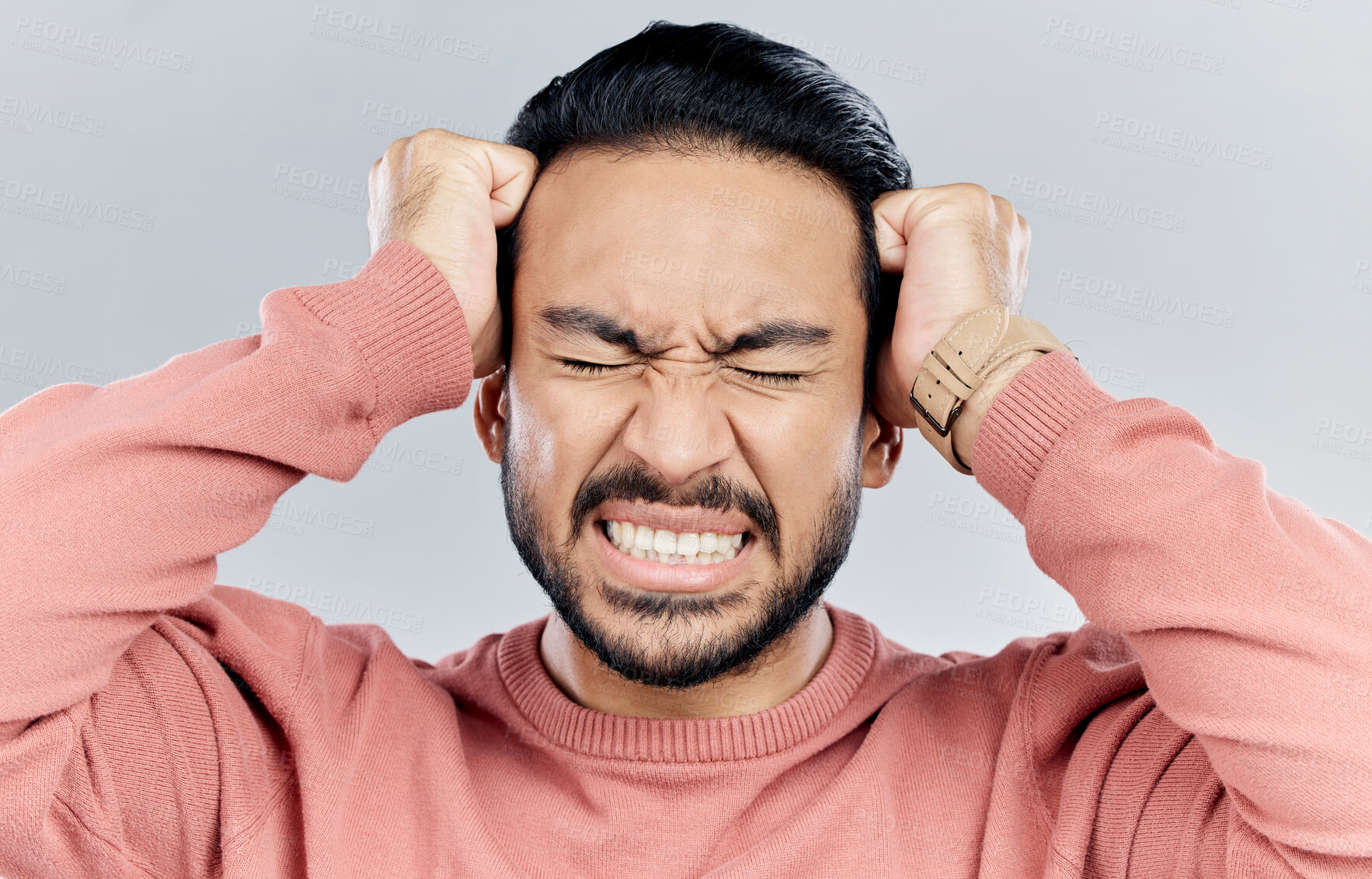 Buy stock photo Man, face and frustrated with stress headache, anxiety and mental health isolated on studio background. Male with eyes closed, depression and distress, person in pain with migraine and burnout 