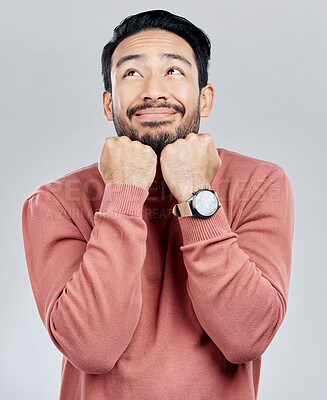 Buy stock photo Happy, looking and a handsome Asian man thinking isolated on a white background in a studio. Cute, smile and a Chinese guy with an idea, adorable pose and dreaming on a backdrop with happiness