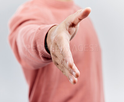 Buy stock photo Man, handshake and meeting for deal, introduction or partnership isolated against a white studio background. Male shaking hands for greeting, agreement or support in collaboration or friendly gesture