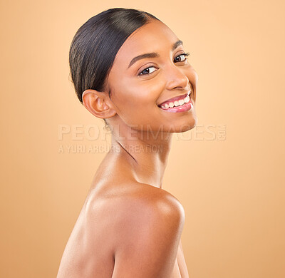 Buy stock photo Face, beauty and smile portrait of woman in studio for skincare, cosmetics, dermatology or makeup. Aesthetic female happy for self care, natural skin or spa facial shine results on a brown background