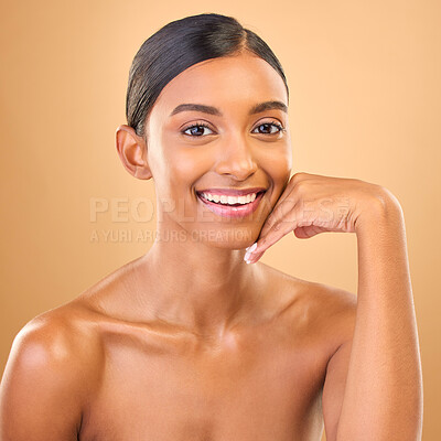 Buy stock photo Beauty, face portrait and smile of woman in studio for skincare, cosmetics, dermatology or makeup. Happy aesthetic female for self care, natural skin and spa facial shine results on brown background