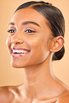 Skin care, face and smile of woman in studio for glow, cosmetics, dermatology or makeup. Aesthetic female 
happy about self love, natural skincare and spa facial shine results on a brown background